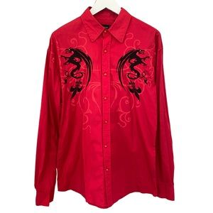 DE NIKO Men’s Embroidered Dragon Print Long Sleeve Snap Button Down Shirt XL